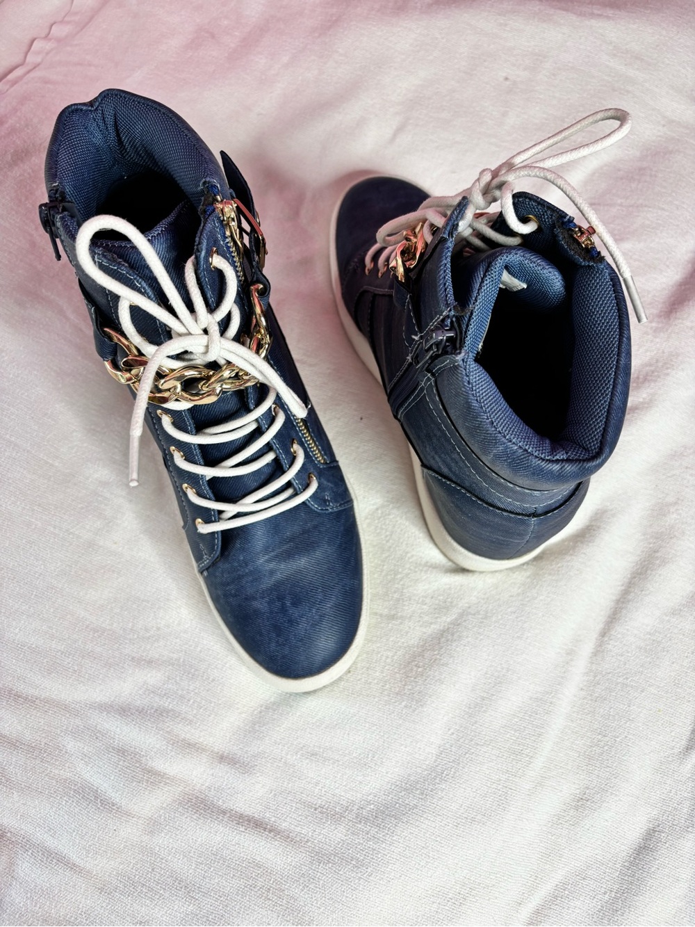 Shoe Dazzle Navy High-Top Sneakers with White Laces & Gold Chain